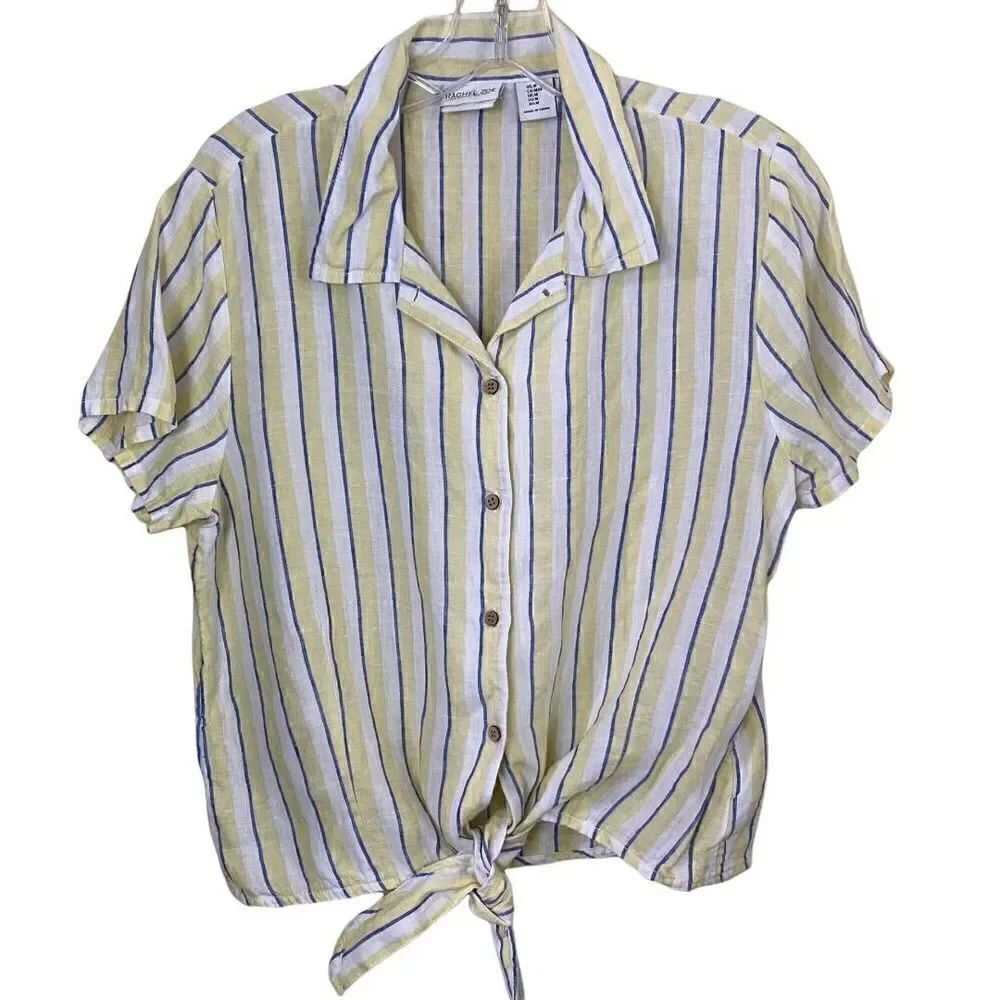 Rachel Zoe Linen Striped Tie Bottom Button Down Blouse Size Medium